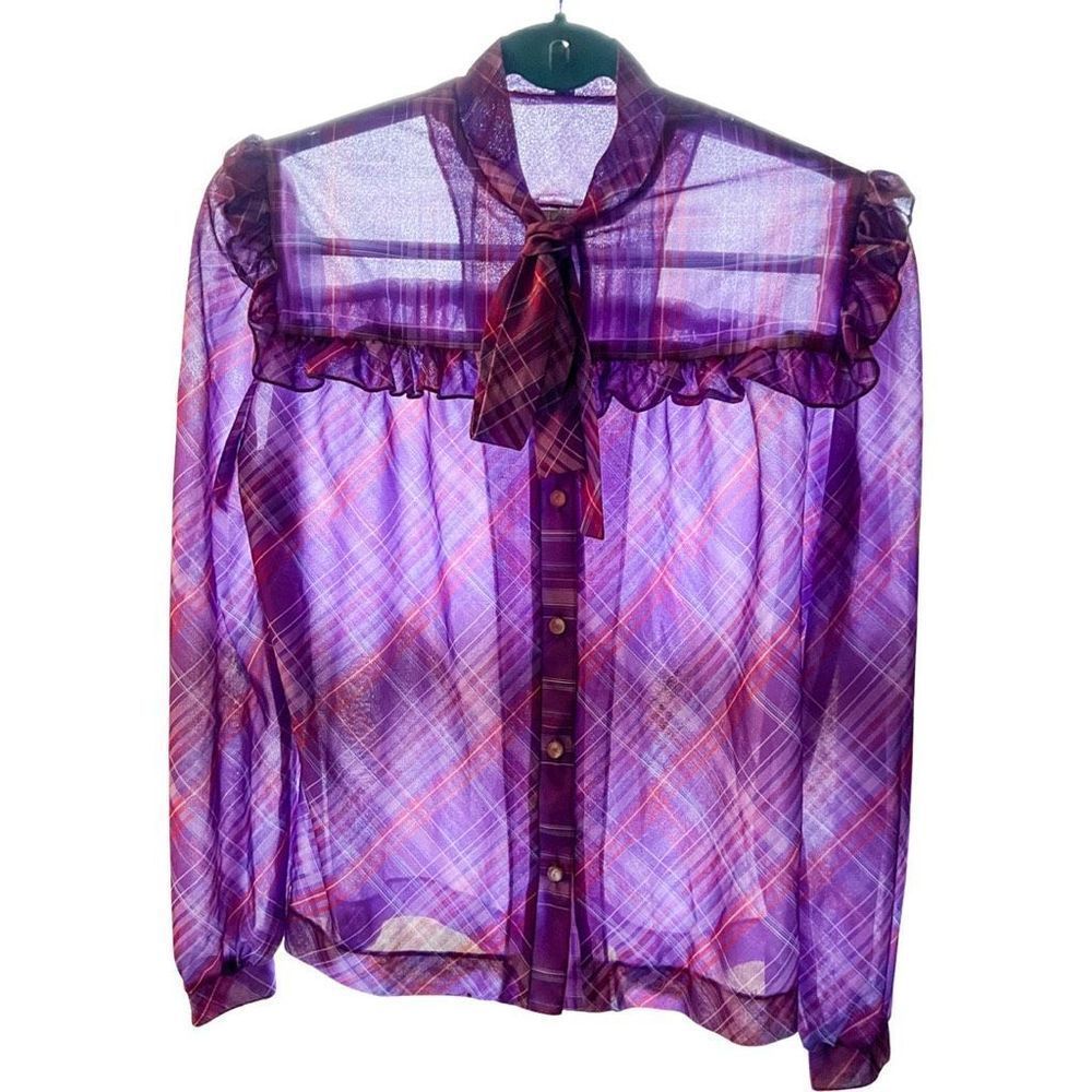 70s Sheer Plaid Purple Polyester Ruffled Pussy Bow Blouse